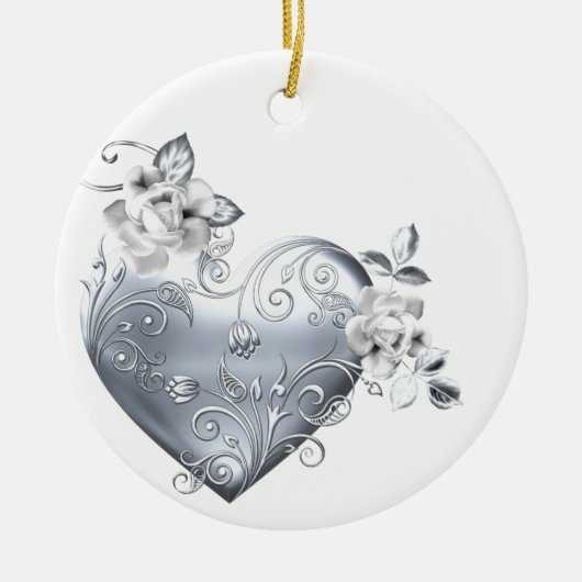 Silver Filigree Heart & White Roses Keramisch Ornament (Voorkant)