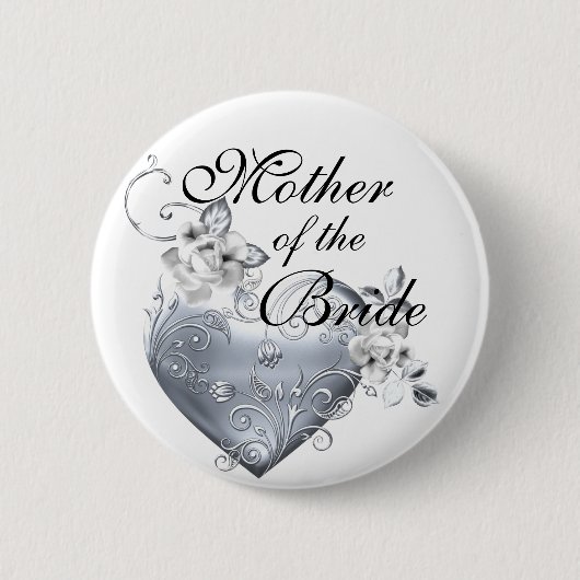 Silver Filigree Heart & White Roses Ronde Button 5,7 Cm (Voorkant)