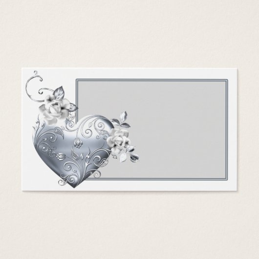 Silver Filigree Heart & White Roses Visitekaartjes (Voorkant)