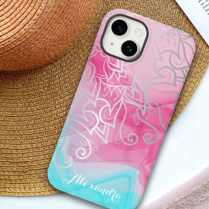 Silver Filigree Henna Ornaments on Pink Turquoise Case-Mate iPhone 14 Hoesje