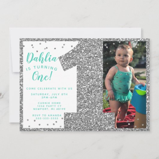 Silver First Birthday Invitation, Faux Glitter Kaart (Voorkant)