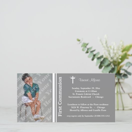 Silver First Communication Photo Invitation (Staand voorkant)