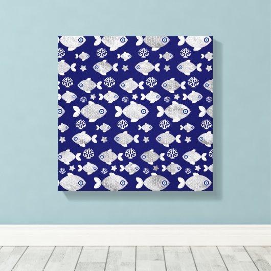 Silver Fish Evil Eye Patroon Canvas Afdruk (Insitu (Houten vloer))