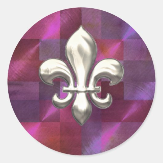 Silver Fleur de Lis op Abstracte Pinks Ronde Sticker (Voorkant)