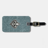 Silver Fleur de Lis op Blauwgroen leder Bagagelabel (Voorkant horizontaal)