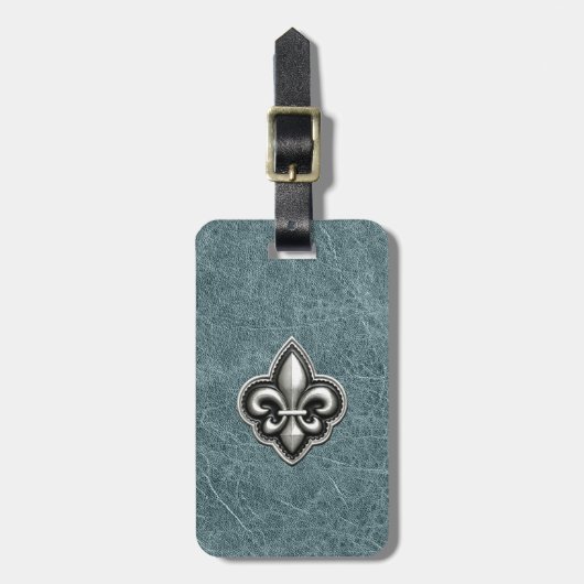Silver Fleur de Lis op Blauwgroen leder Bagagelabel (Voorkant verticaal)
