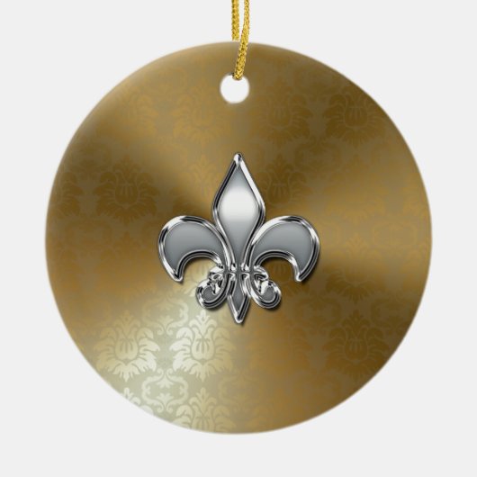 Silver Fleur-De-Lis op Gold Damask Keramisch Ornament (Voorkant)