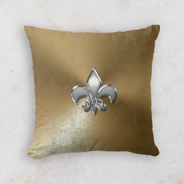 Silver Fleur-De-Lis op Gold Damask Kussen (Creator heeft geüpload)