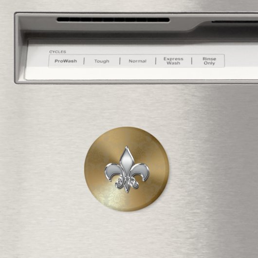 Silver Fleur-De-Lis op Gold Damask Magneet (Insitu (Vaatwasser))