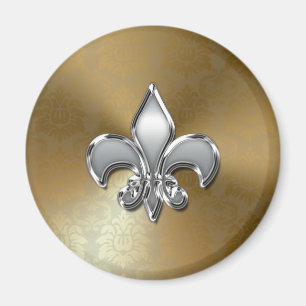 Silver Fleur-De-Lis op Gold Damask Magneet