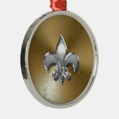 Silver Fleur-De-Lis op Gold Damask Metalen Ornament (Rechts)
