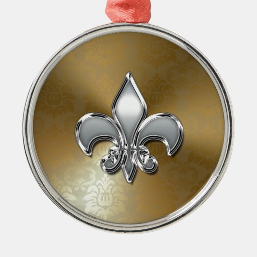 Silver Fleur-De-Lis op Gold Damask Metalen Ornament (Voorkant)