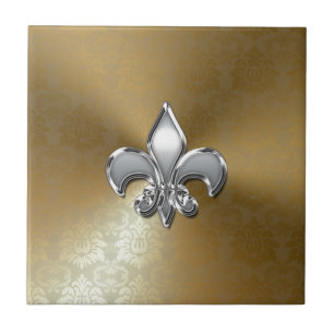 Silver Fleur-De-Lis op Gold Damask Tegeltje