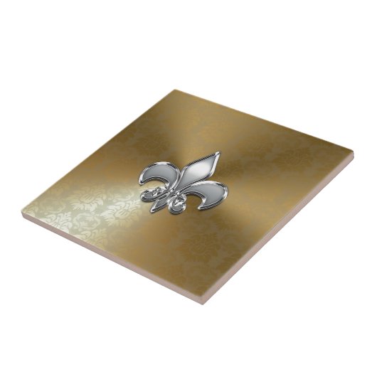 Silver Fleur-De-Lis op Gold Damask Tegeltje (Zijkant)