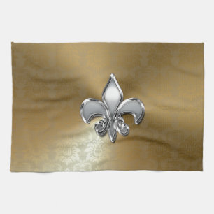 Silver Fleur-De-Lis op Gold Damask Theedoek