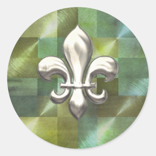 Silver Fleur de Lis over de Abstracte Groenen Ronde Sticker (Voorkant)