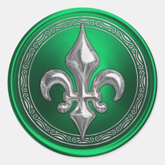 Silver Fleur de Lis over groene achtergrond Ronde Sticker (Voorkant)