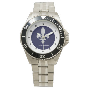 Silver Fleur-de-lys op Dark Blue op Klassiek Horloge