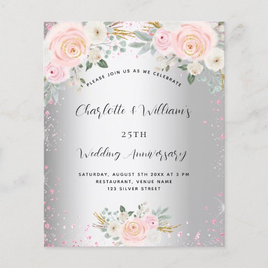 Silver Floral 25th bruiloft-uitnodiging Flyer (Voorkant)