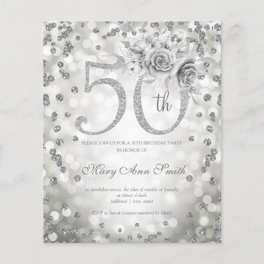 Silver Floral 50th Birthday Lights Invite Flyer (Voorkant)