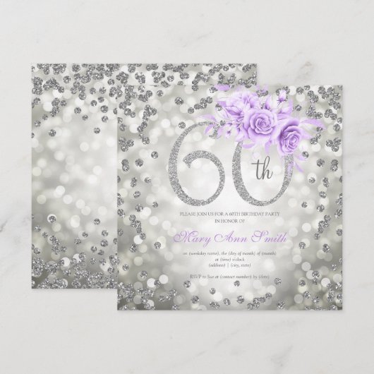 Silver Floral 60th Birthday Glam Lights Paars (Voorkant / Achterkant)