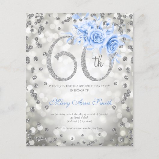 Silver Floral 60th Birthday Lights Invitation Blue Flyer (Voorkant)
