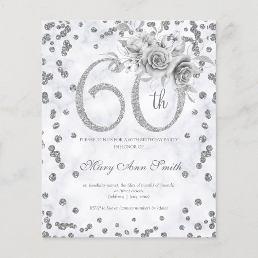Silver Floral 60th Birthday Marble Invitation Flyer (Voorkant)