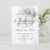 Silver Floral 70th Birthday Party Marble Kaart (Staand voorkant)