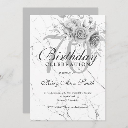 Silver Floral 70th Birthday Party Marble Kaart (Voorkant / Achterkant)