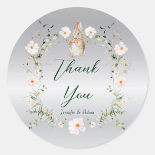 Silver Floral Baby Bunny Baby Shower Ronde Sticker