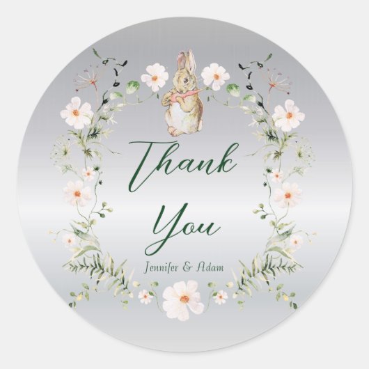 Silver Floral Baby Bunny Baby Shower Ronde Sticker (Voorkant)