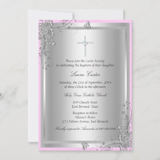 Silver Floral Baptism/Christening Invitation Kaart (Voorkant)
