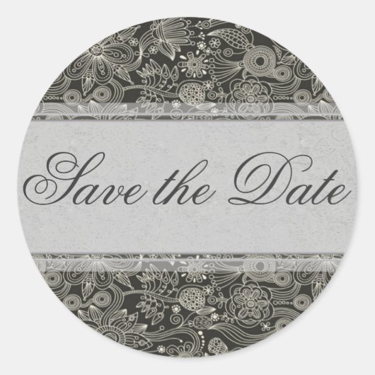 Silver Floral Bewaar de datum Sticker/zegel Ronde Sticker (Voorkant)