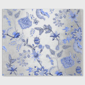 Silver Floral Blue Gray Sapphire Cobalt Ornamental Cadeaupapier (Vlak)