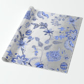 Silver Floral Blue Gray Sapphire Cobalt Ornamental Cadeaupapier (Uitgerold)