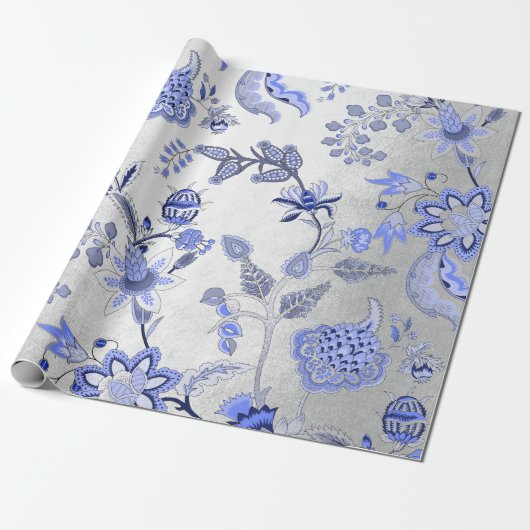 Silver Floral Blue Gray Sapphire Cobalt Ornamental Cadeaupapier (Uitgerold)