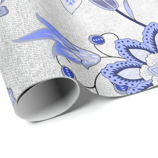 Silver Floral Blue Gray Sapphire Cobalt Ornamental Cadeaupapier (Rol Hoek)