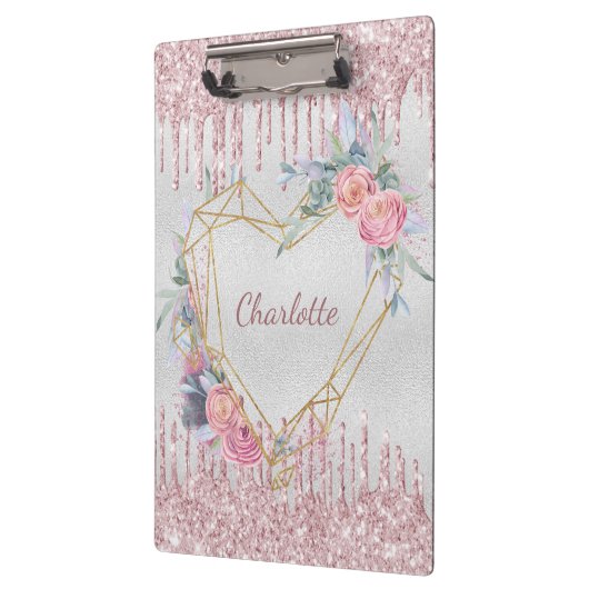 Silver floral blush roze glitter monogram klembord (Links)