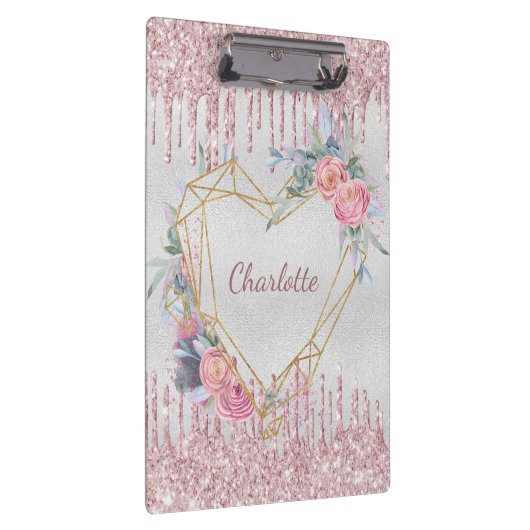 Silver floral blush roze glitter monogram klembord (Rechts)