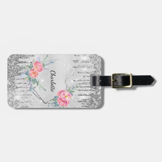 Silver floral blush roze glitter monogram naam bagagelabel (Voorkant horizontaal)