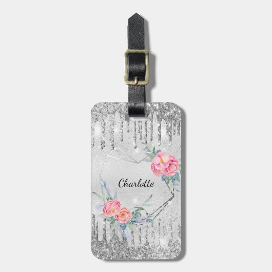 Silver floral blush roze glitter monogram naam bagagelabel (Voorkant verticaal)