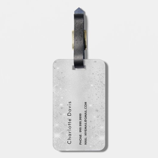 Silver floral blush roze glitter monogram naam bagagelabel (Achterkant verticaal)