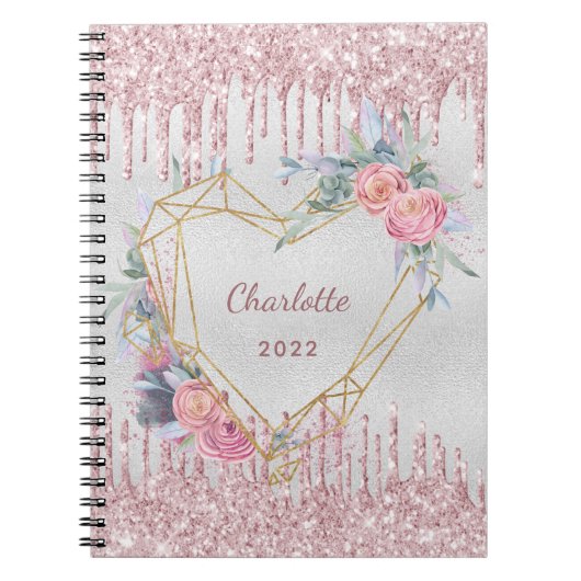Silver floral blush roze glitter name dagboek notitieboek (Voorkant)