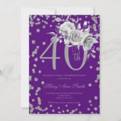 Silver Floral & Confetti 40th Birthday Paars Kaart (Voorkant)