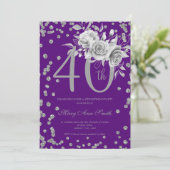Silver Floral & Confetti 40th Birthday Paars Kaart (Staand voorkant)