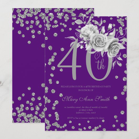 Silver Floral & Confetti 40th Birthday Paars Kaart (Voorkant / Achterkant)