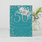 Silver Floral & Confetti 50th Birthday Party Blauw Kaart (Staand voorkant)
