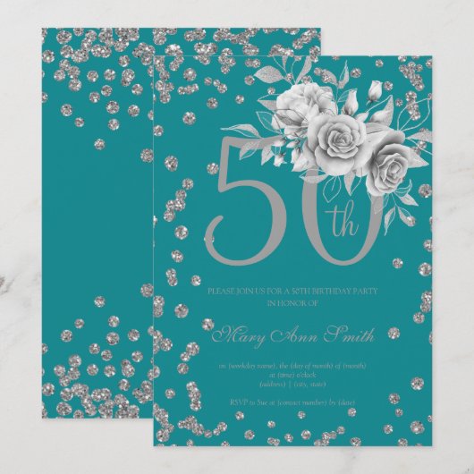 Silver Floral & Confetti 50th Birthday Party Blauw Kaart (Voorkant / Achterkant)