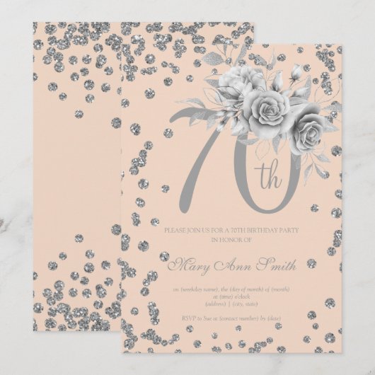 Silver Floral & Confetti 70th Birthday Blush Kaart (Voorkant / Achterkant)