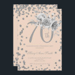 Silver Floral & Confetti 70th Birthday Blush Kaart<br><div class="desc">Elegant 70th Birthday Party Silver Floral & Glitter Confetti nodigde sjabloon uit. Met een moderne bloemstructuur.</div>